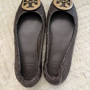 Tory Burch Dark Brown Quilted Flats with Gold Logo